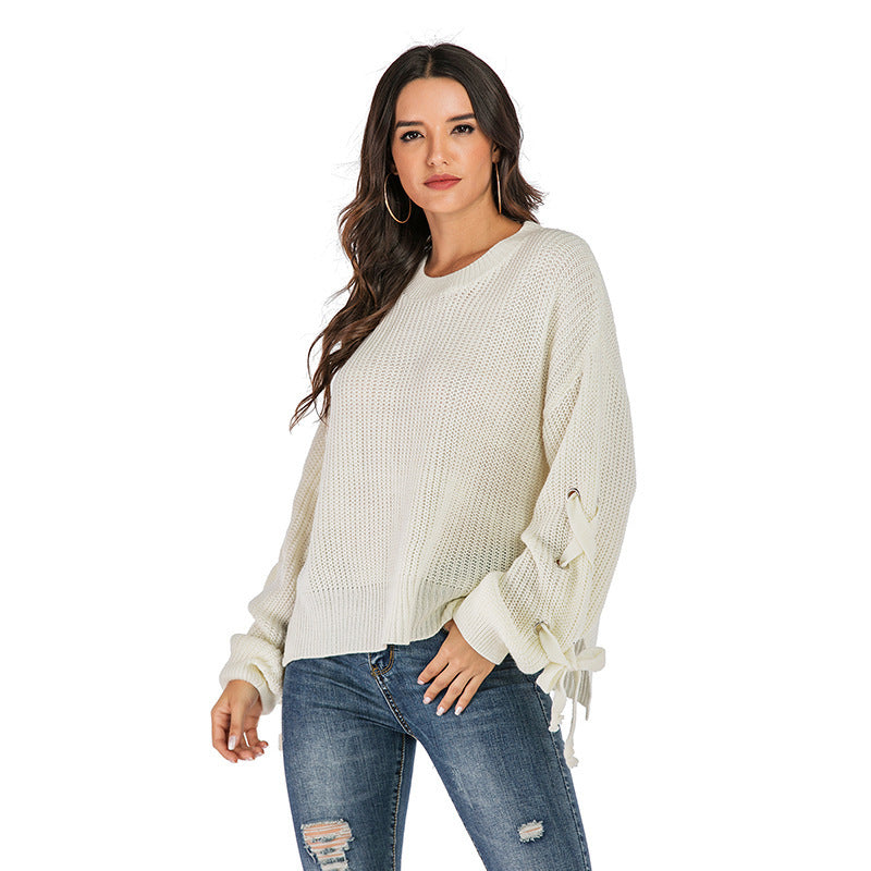 Long Sleeve Round Neck Casual Loose Lace-up Knitted Sweater