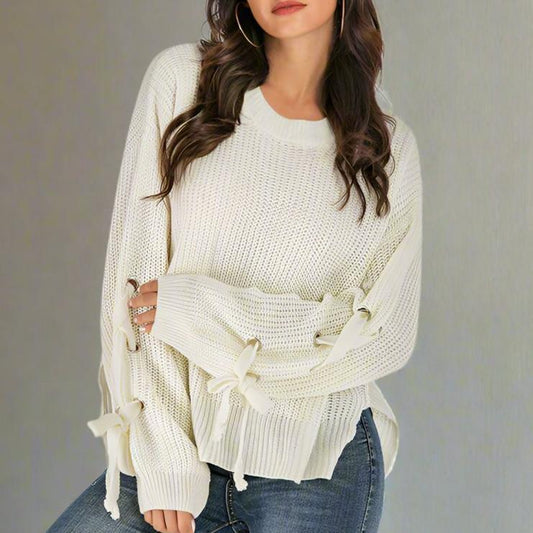 Long Sleeve Round Neck Casual Loose Lace-up Knitted Sweater