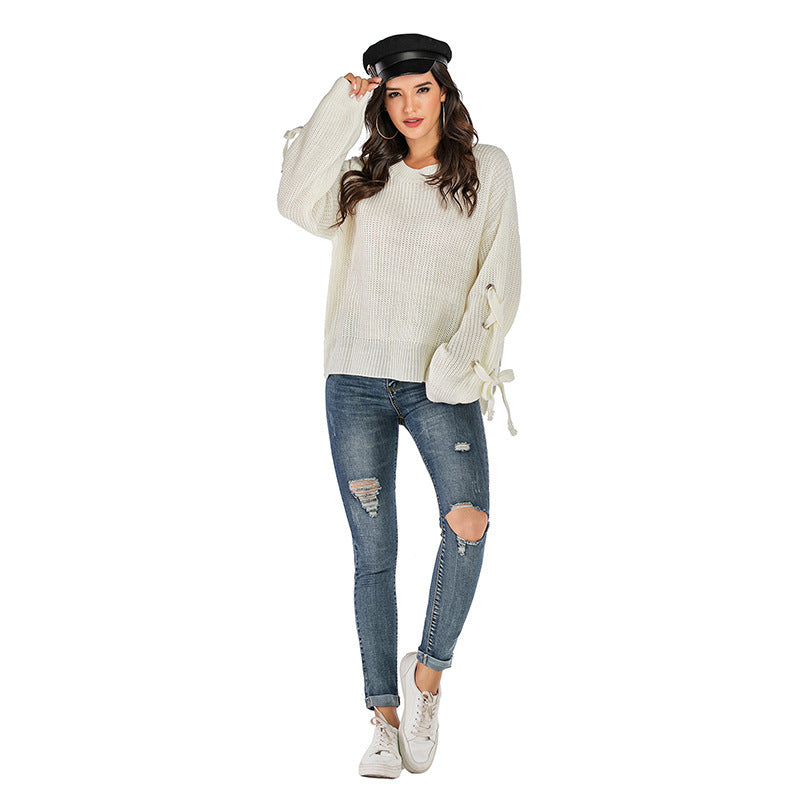 Long Sleeve Round Neck Casual Loose Lace-up Knitted Sweater