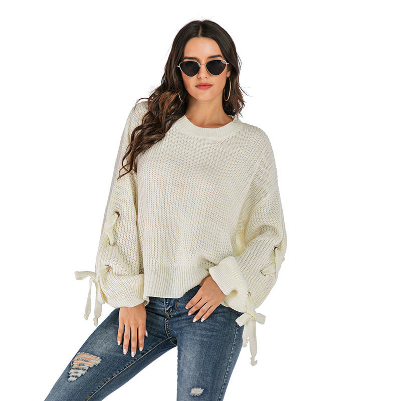 Long Sleeve Round Neck Casual Loose Lace-up Knitted Sweater