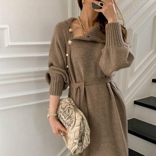 Loose Tie Waist High Neck Long Dress