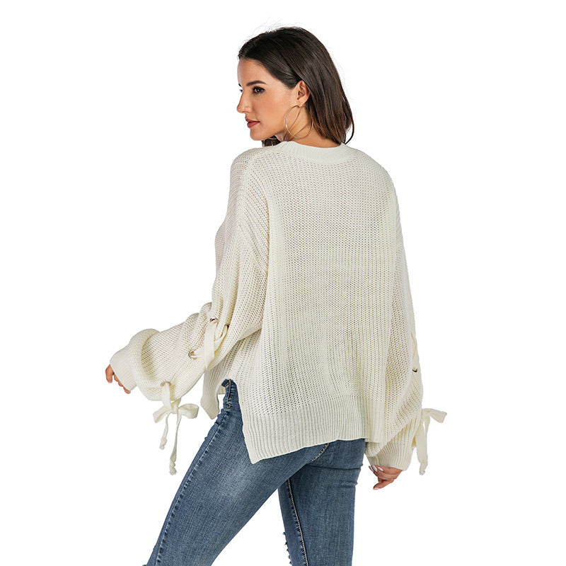 Long Sleeve Round Neck Casual Loose Lace-up Knitted Sweater